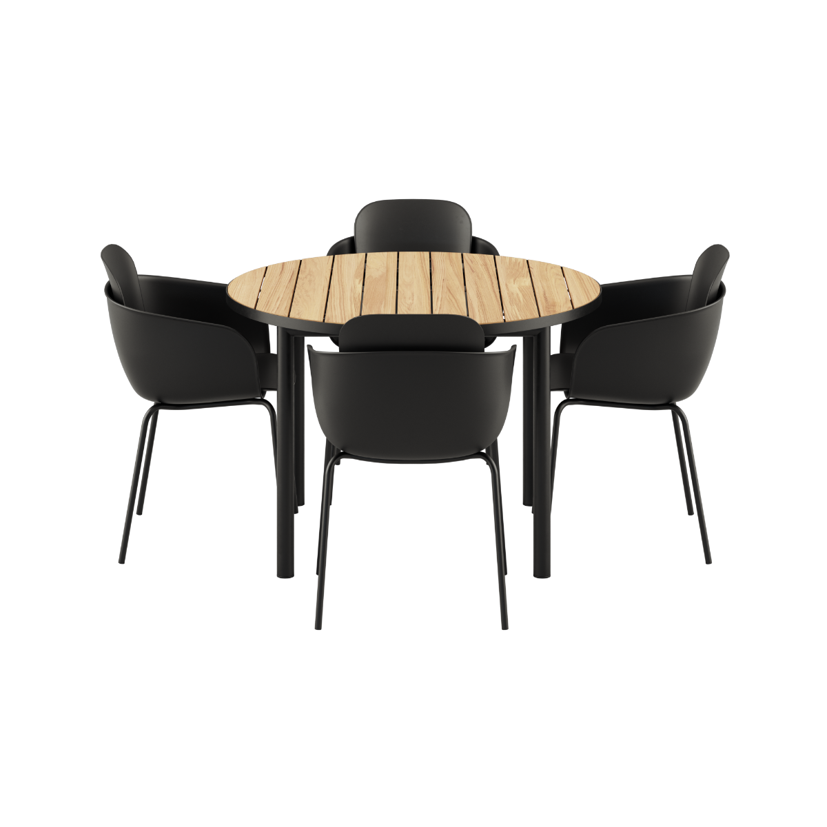 Round Kirra Dining Table with black frame and four olive and black Patio Chair no. One S2 chairs outdoors