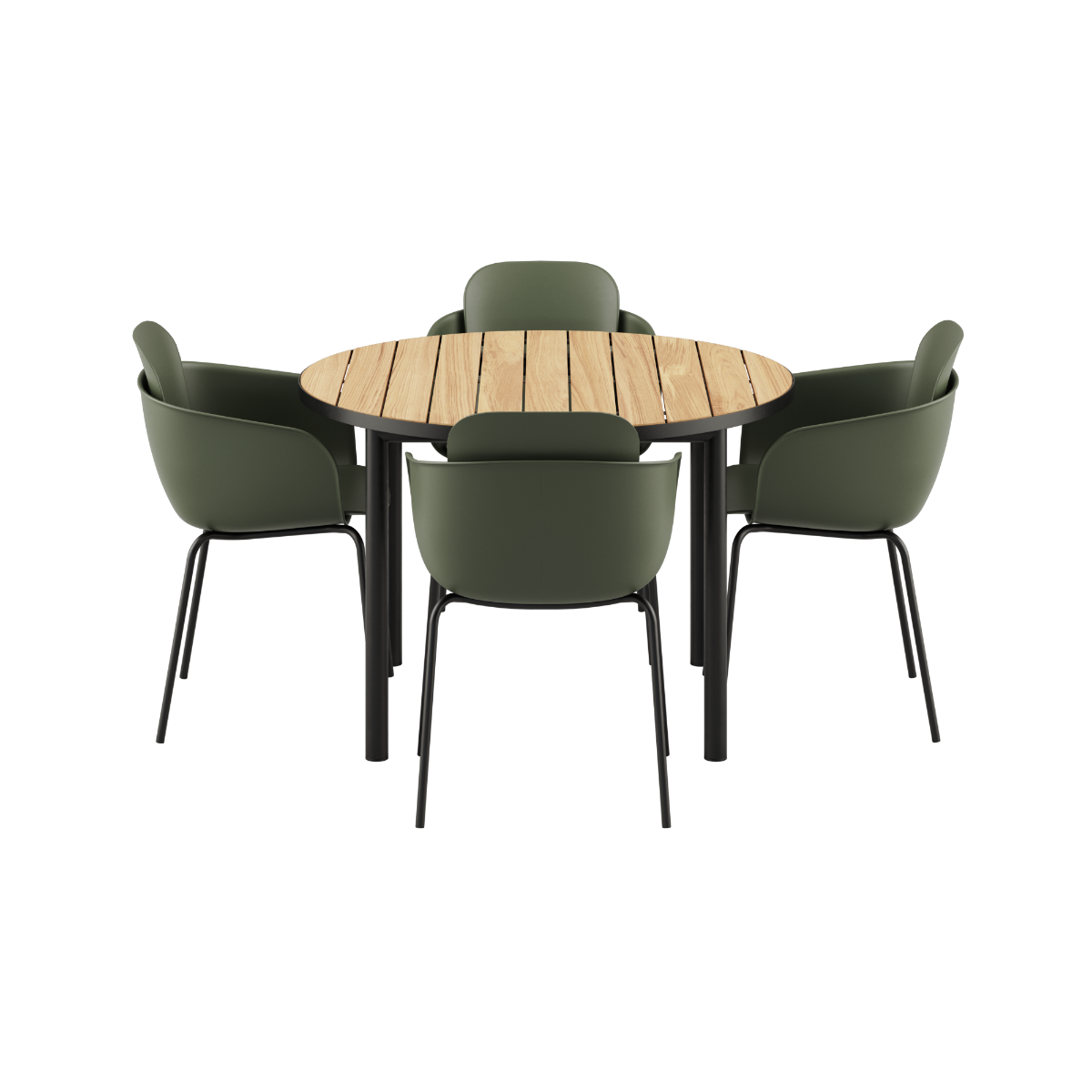Kirra round black dining table with four olive and black Patio Chair no. One S2 chairs outdoors