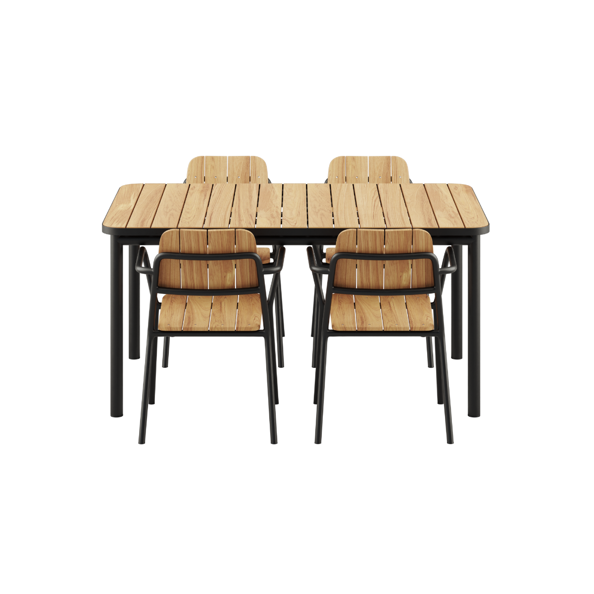 Noir Kirra Dining Table 150x90 with four Noir Patio Chair no. One S1 chairs in outdoor setting