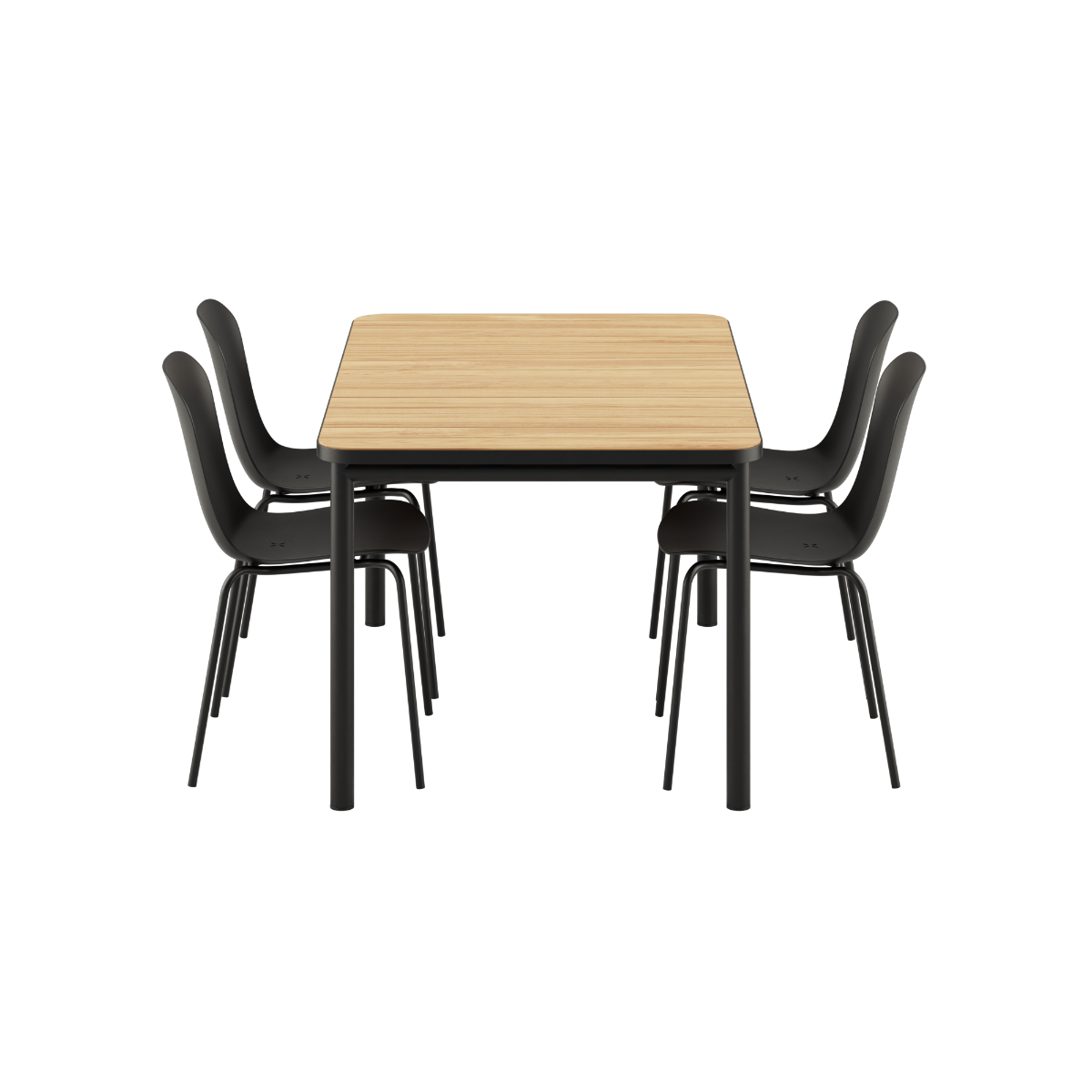 Kirra Dining Table 150x90 with four Noir Patio Chair no. One S1 chairs in black powder-coated aluminum and teak.