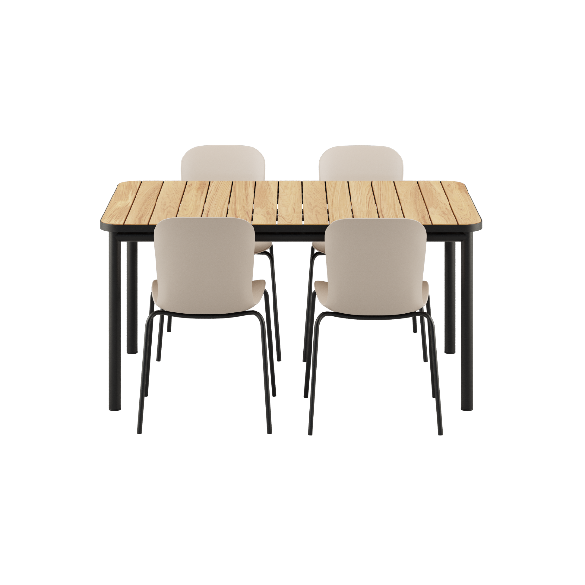 Noir Kirra Dining Table 150x90 with four Noir Patio Chair no. One S1 chairs in outdoor setting.