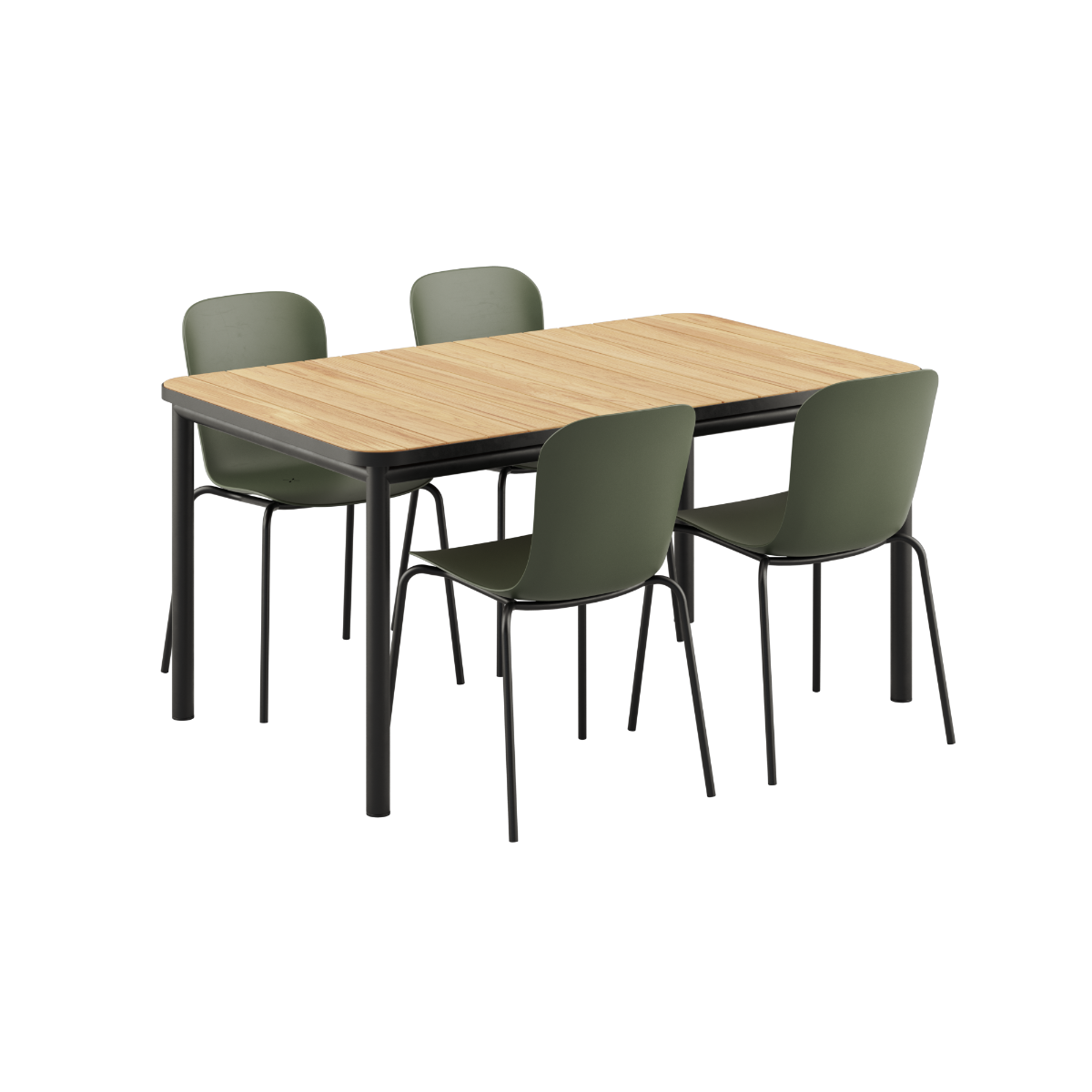 Noir Kirra Dining Table 150x90 with four Noir Patio Chair no. One S1 chairs in an outdoor setting