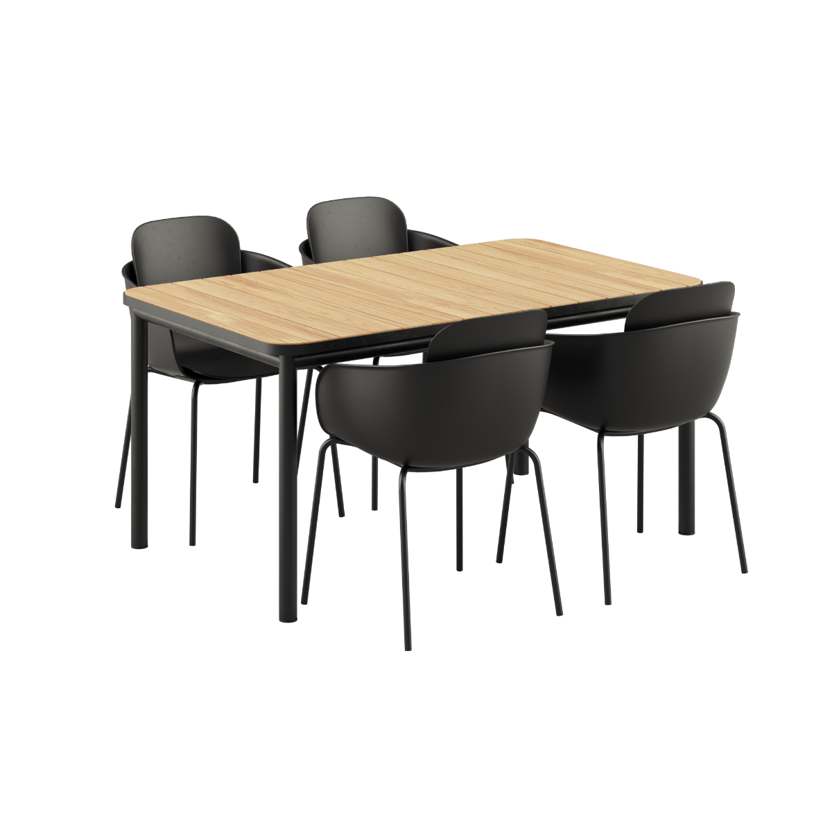 Noir Kirra Dining Table 150x90 with four Noir Patio Chair no. One S1 chairs in outdoor setting.