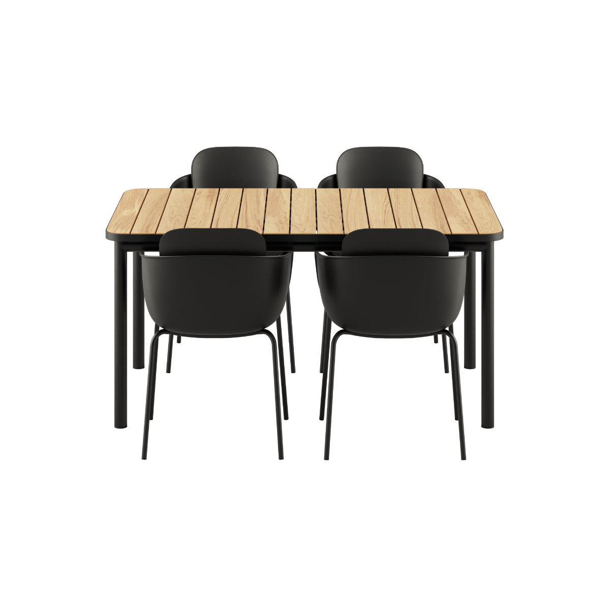 Noir Kirra Dining Table 150x90 with four Noir Patio Chair no. One S1 chairs in outdoor setting