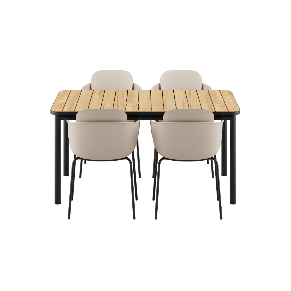 Noir Kirra Dining Table 150x90 with four Noir Patio Chair no. One S1 chairs in outdoor setting