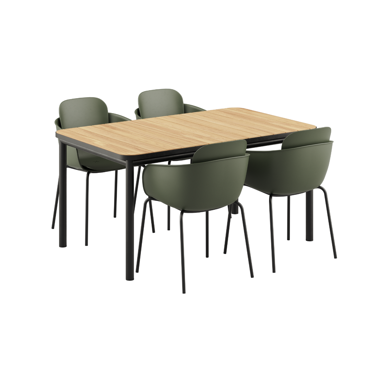 Noir Kirra Dining Table 150x90 with four Noir Patio Chair no. One S1 chairs in outdoor setting.