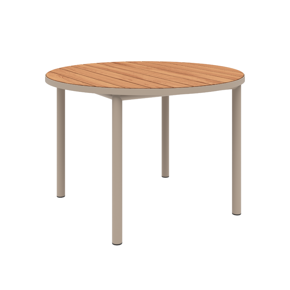 Round taupe Kirra Dining Table with teak wood top and powder-coated aluminum frame