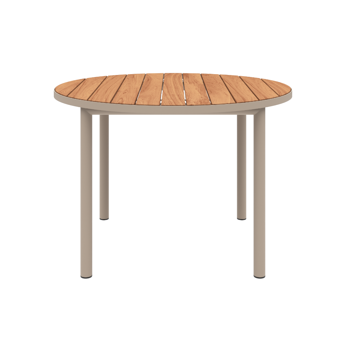 Round taupe Kirra Dining Table Ø110 with teak wood top and powder-coated aluminum base