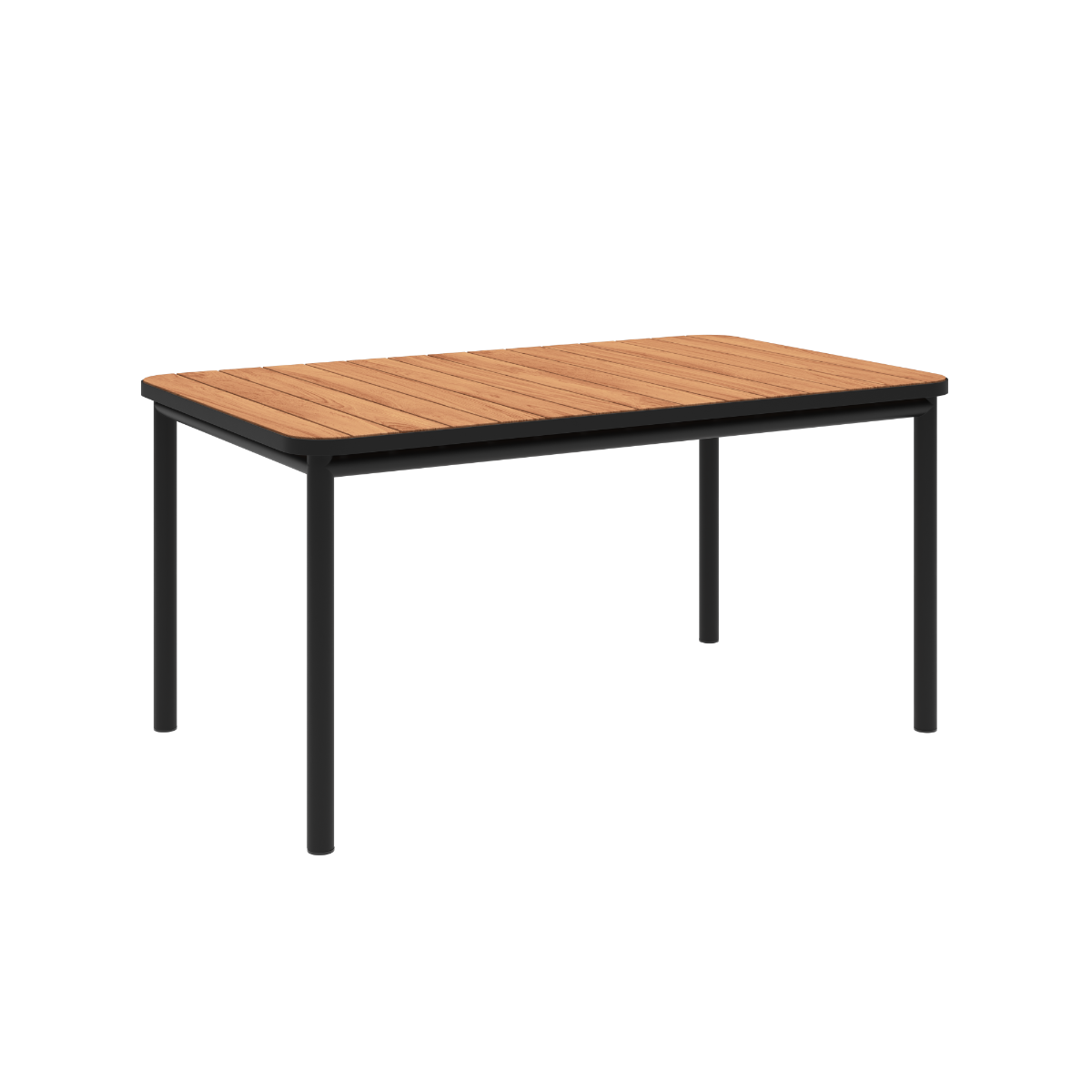 Kirra Dining Table 150x90 in black powder-coated aluminum with teak wood top, outdoor setting.