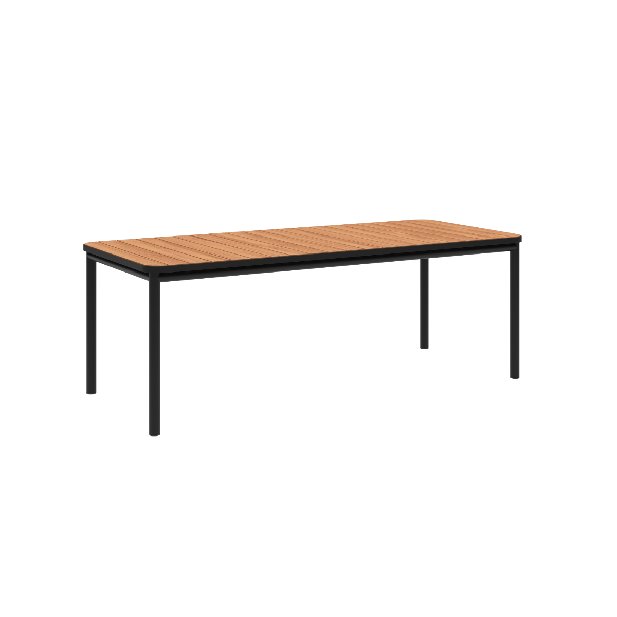 Kirra Dining Table 210x90 in black powder-coated aluminum with teak wood top for outdoor use