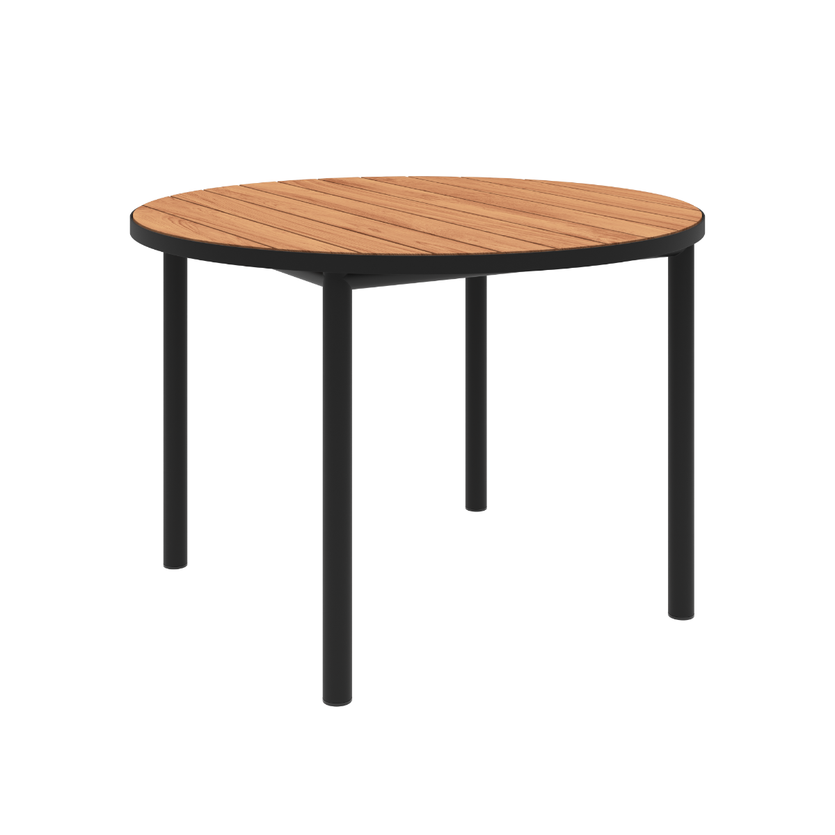 Round outdoor dining table with teak wood top and black powder-coated aluminum frame.