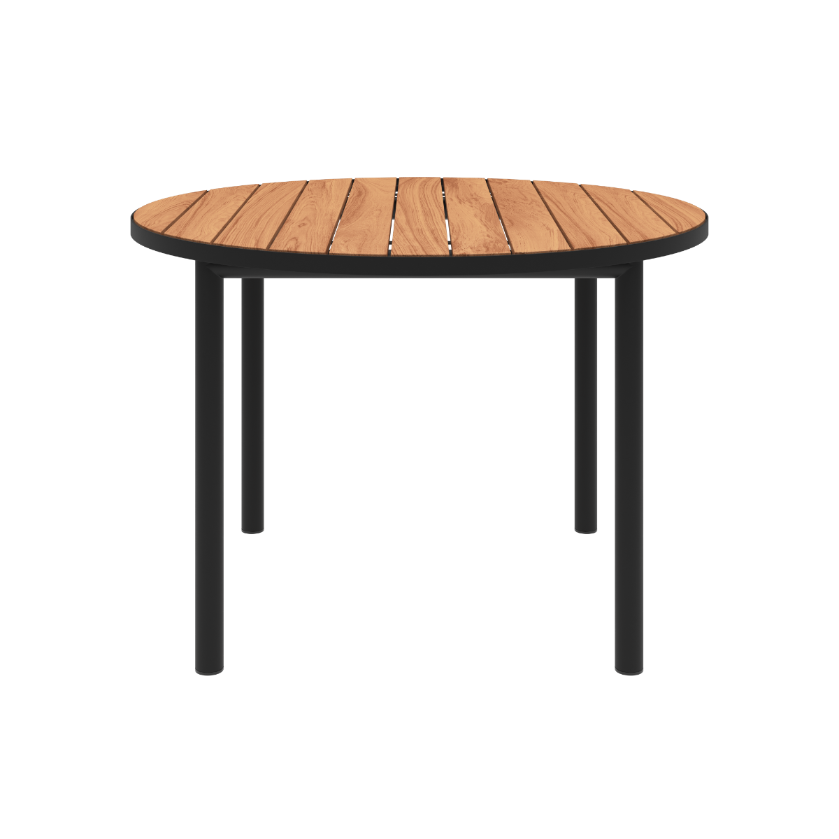 Round outdoor Kirra Dining Table in black powder-coated aluminum with teak wood top.