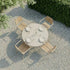 Round taupe Kirra Dining Table with teak wood top and powder-coated aluminum frame outdoors.