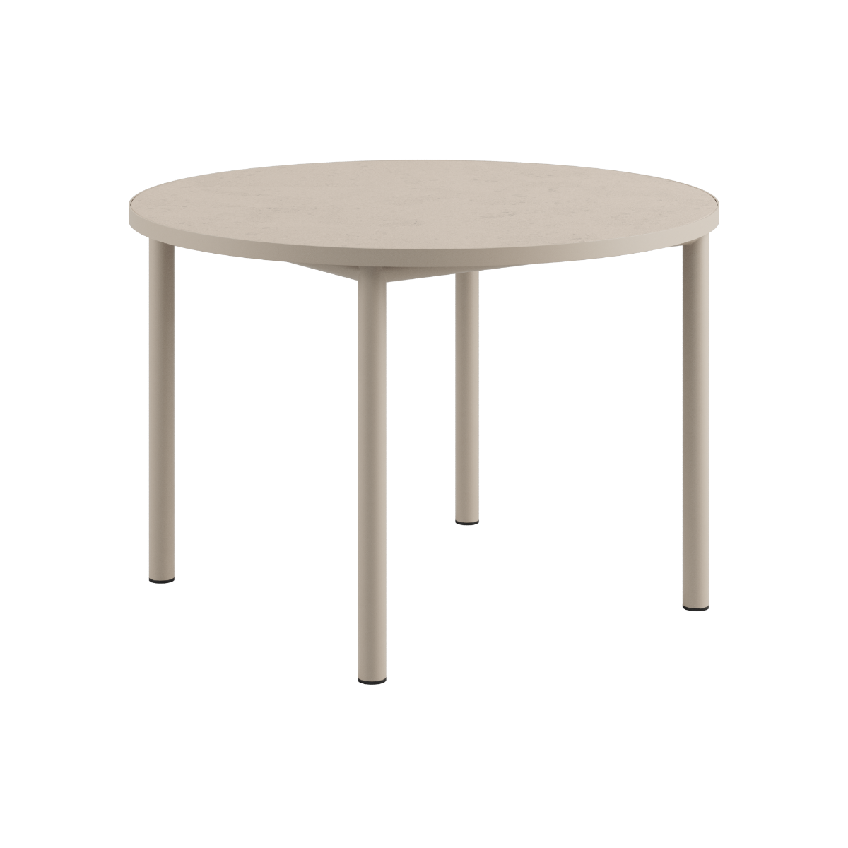Round outdoor dining table with ceramic top and powder-coated aluminum base in taupe color