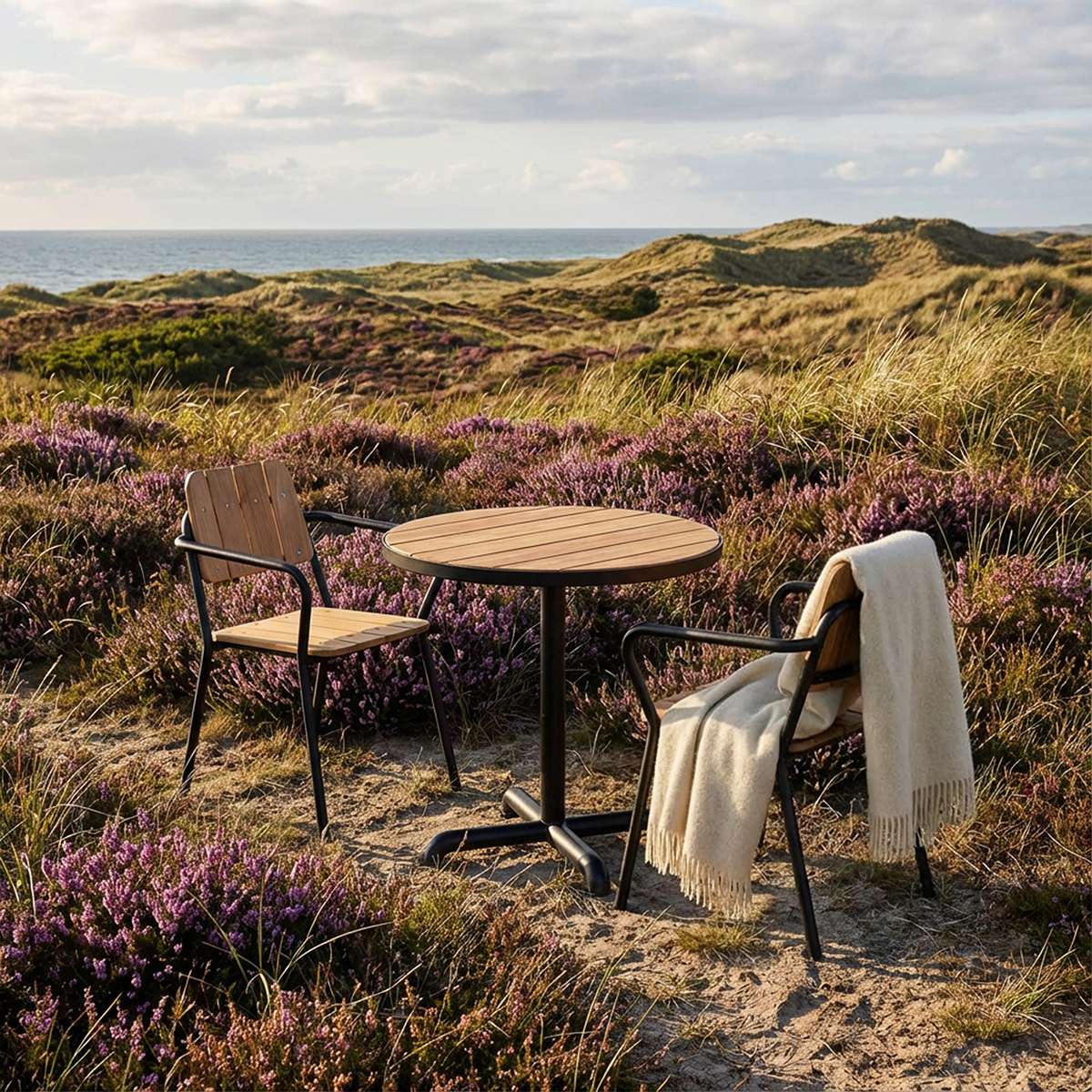 Kirra Patio Chair in black powder-coated aluminum and teak wood with armrests, outdoor setting.