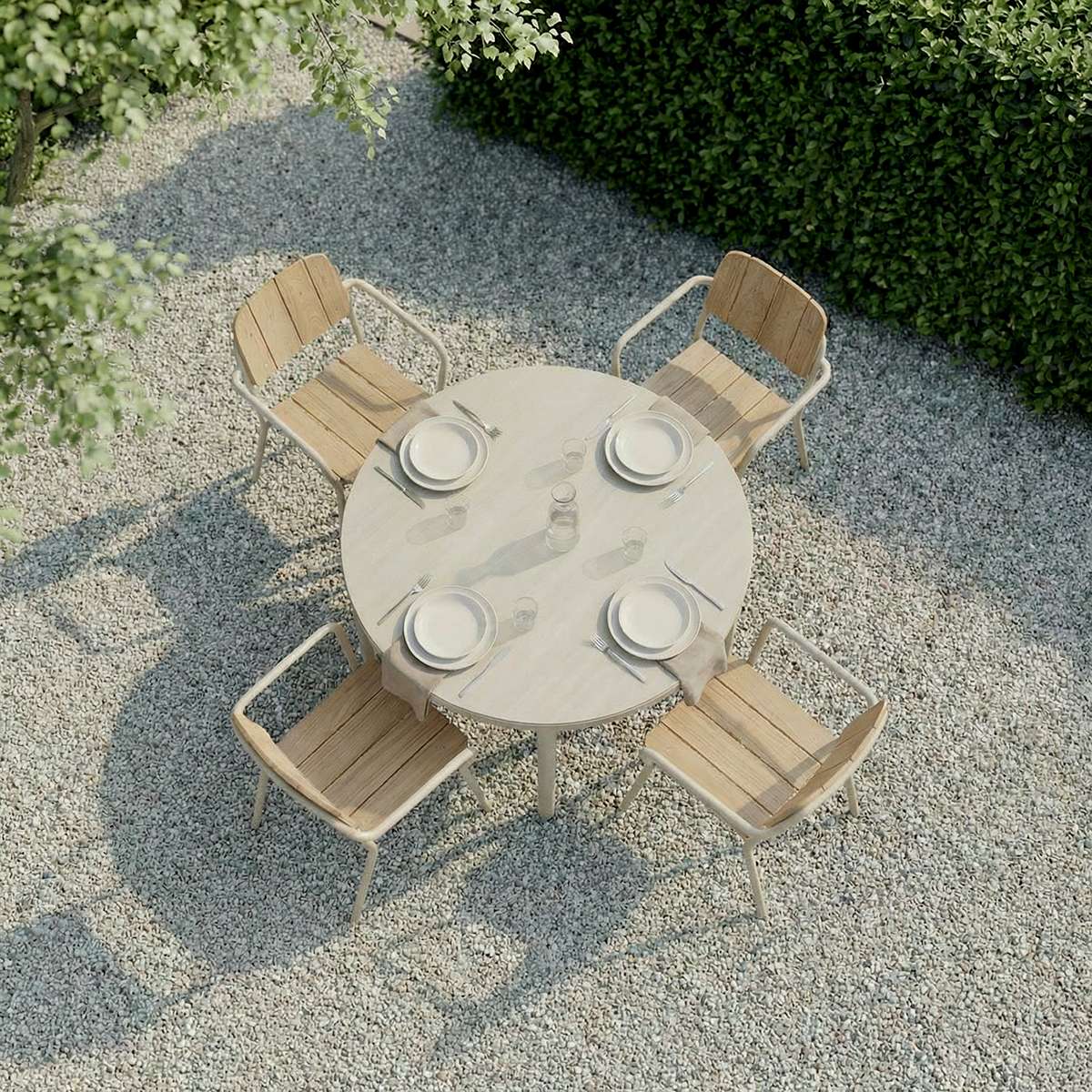 Kirra Patio Chair in taupe with powder-coated aluminum and FSC-certified teak wood on a light background