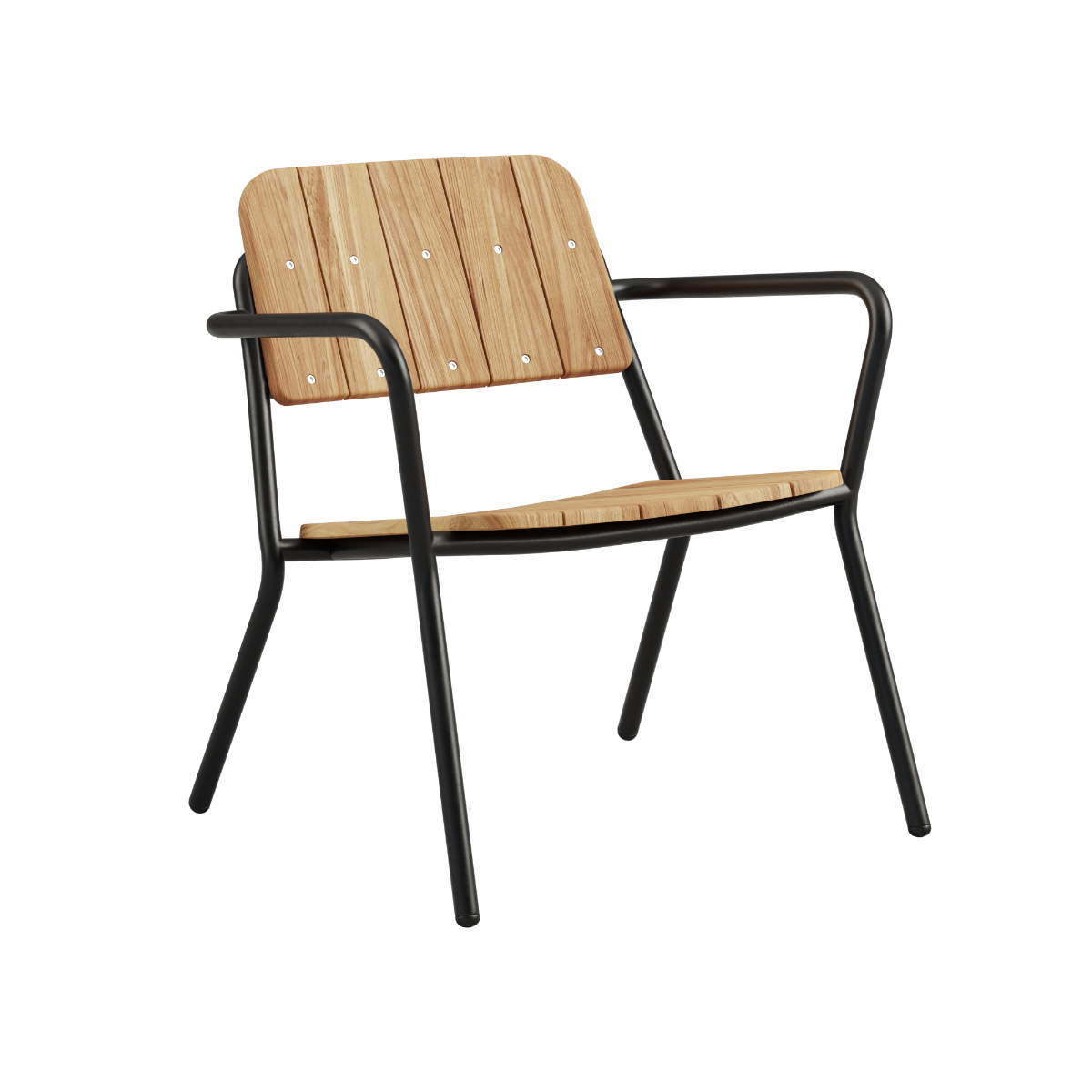 Kirra Patio Lounge Chair in black powder-coated aluminum and teak wood with a reclined seating position.