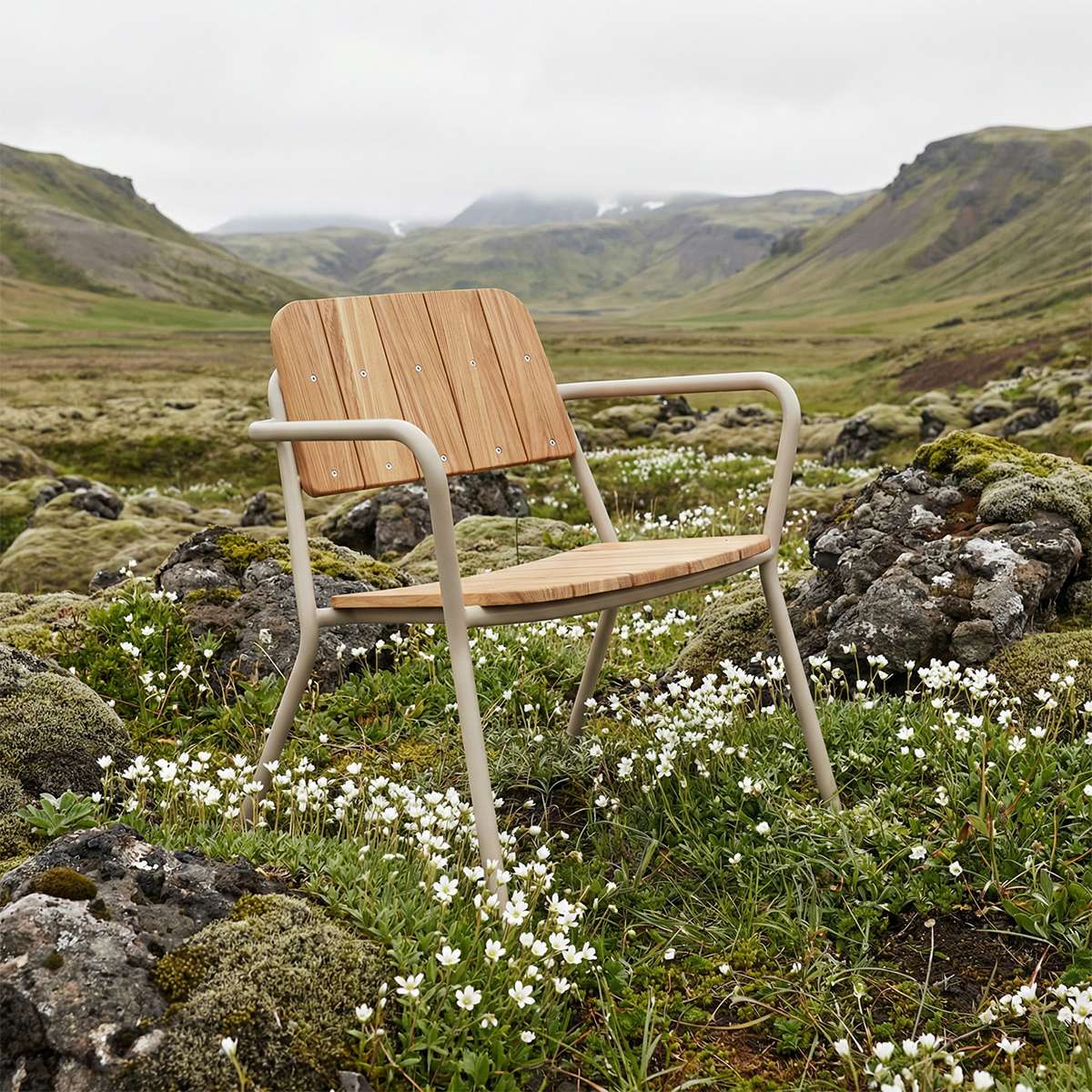 Kirra Patio Lounge Chair in taupe with powder-coated aluminum frame and teak wood seat outdoors