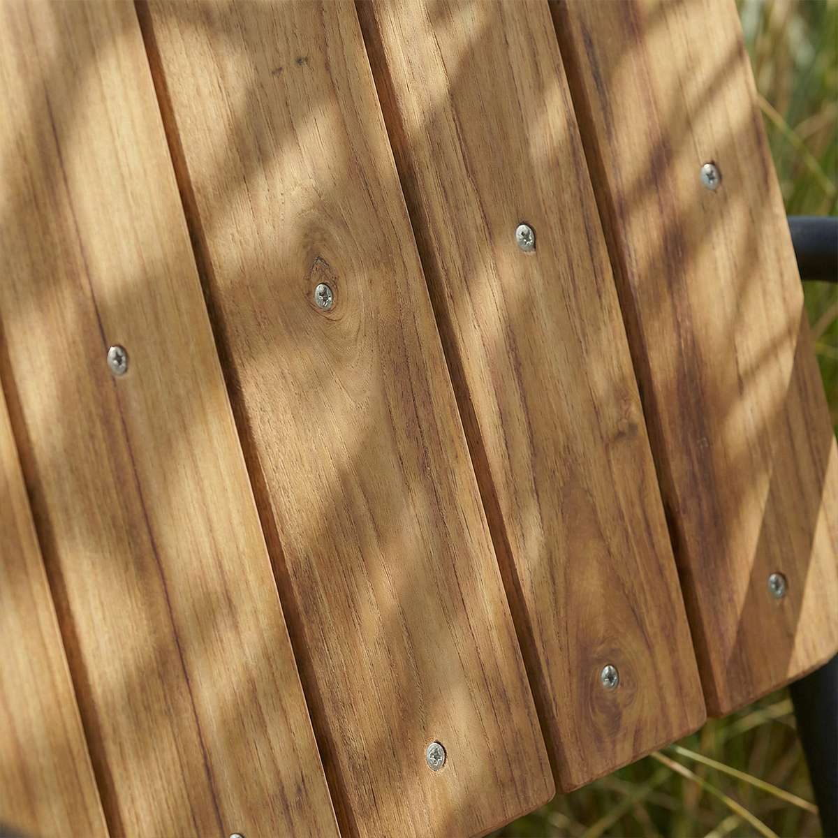 Kirra Patio Lounge Chair in taupe with powder-coated aluminum frame and teak wood armrests.