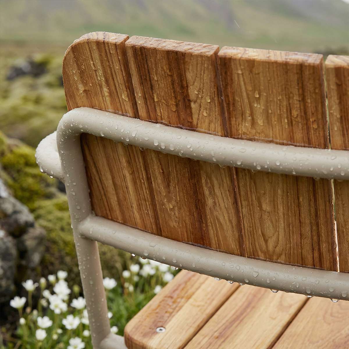 Kirra Patio Lounge Chair in taupe with powder-coated aluminum and teak wood, reclined outdoor seating.