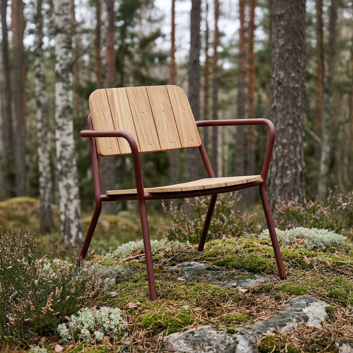 Kirra Patio Lounge Chair in chestnut with powder-coated aluminum frame and teak wood seat outdoors