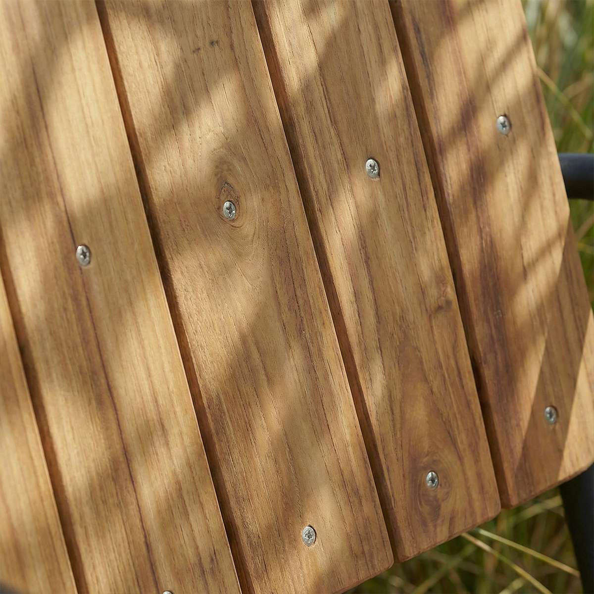 Kirra Patio Lounge Chair in chestnut with powder-coated aluminum frame and teak wood slats.