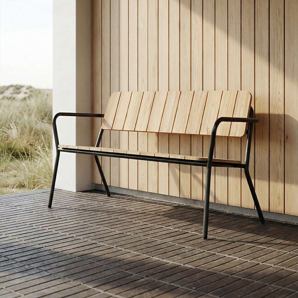 Noir Kirra Patio Bench with powder-coated aluminum frame and teak wood seat in outdoor setting