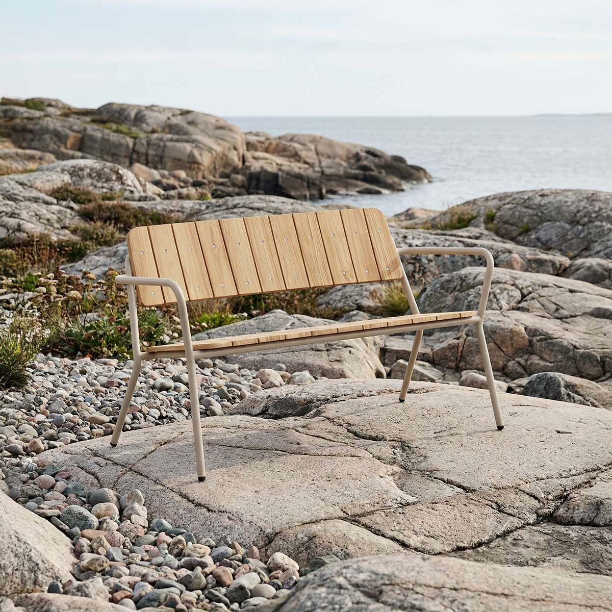 Kirra Patio Bench in taupe with teak wood seat and powder-coated aluminum frame outdoors
