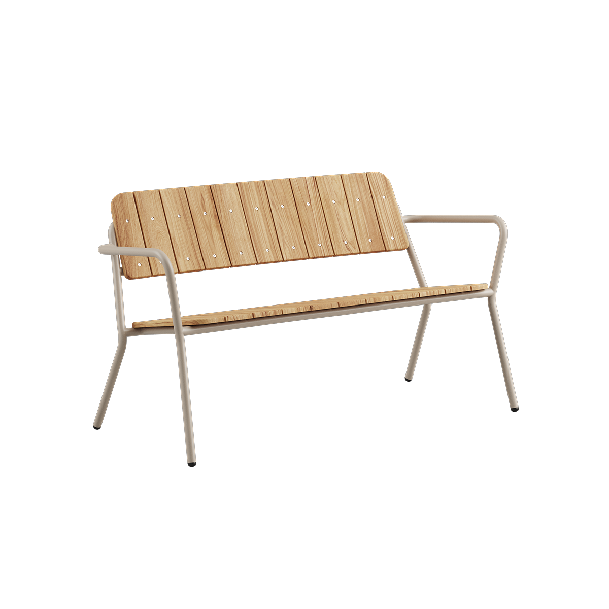 Kirra Patio Bench in taupe with powder-coated aluminum frame and teak wood seat outdoors
