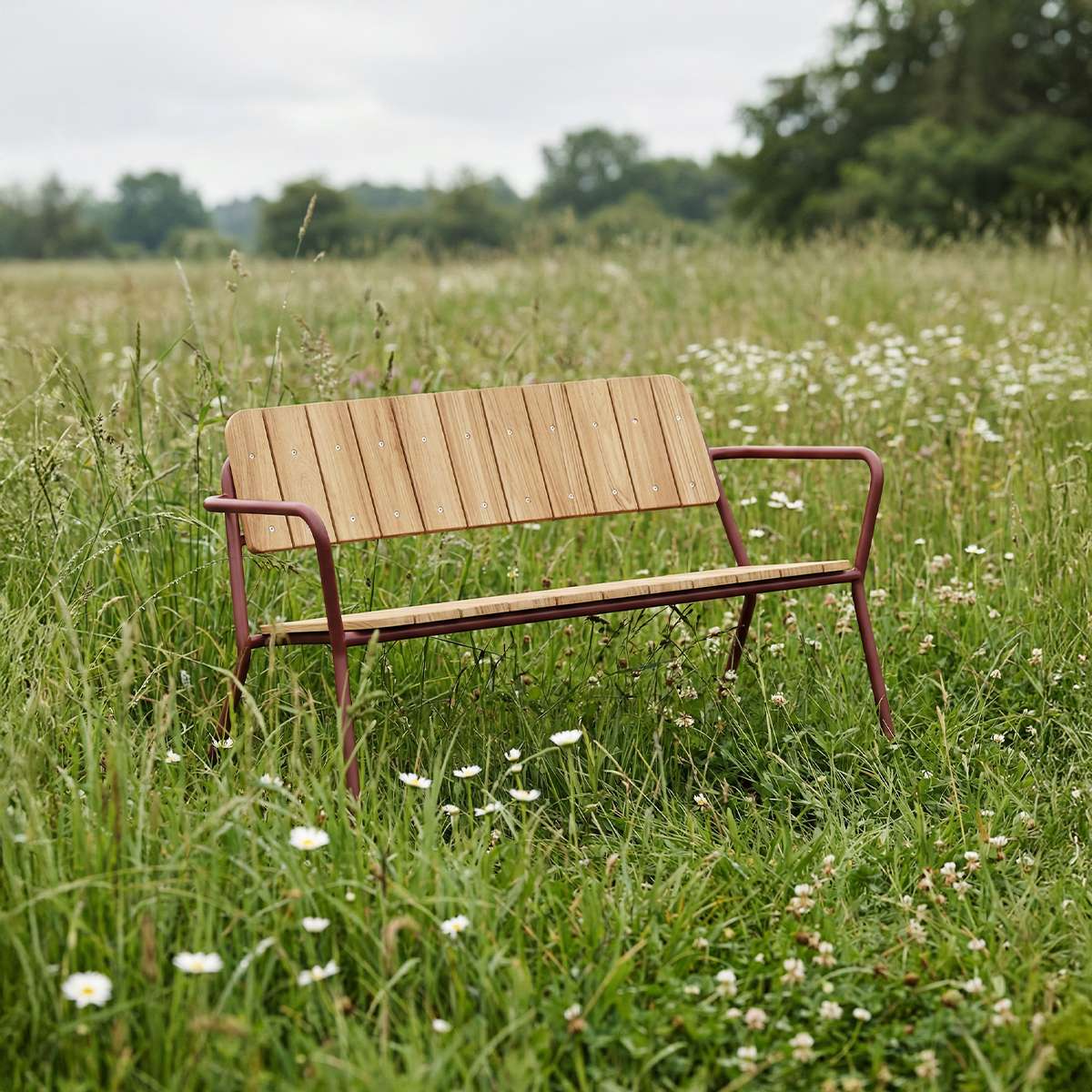 Chestnut Kirra Patio Bench with powder-coated aluminum frame and teak wood seat in outdoor setting