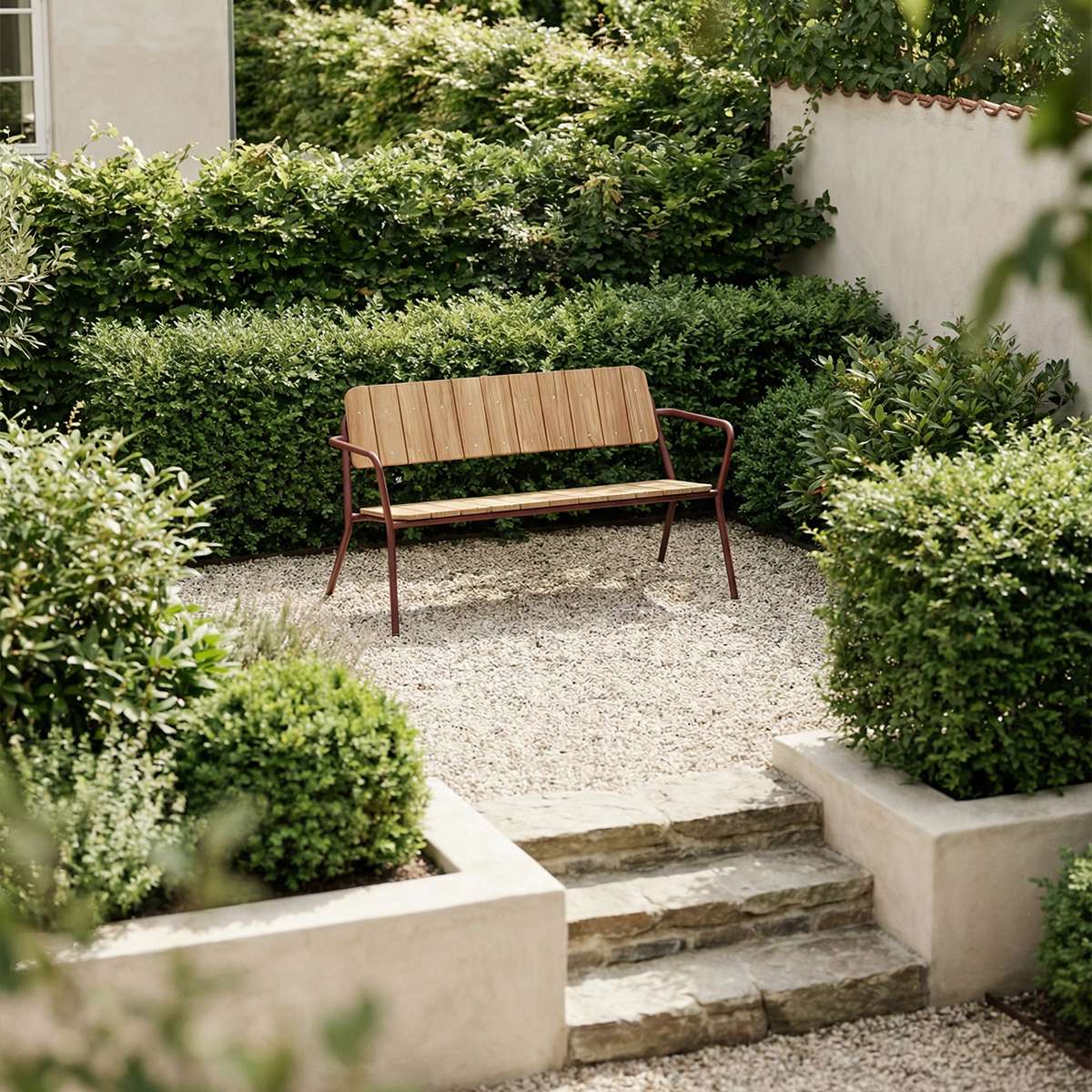 Kirra Patio Bench in chestnut color with powder-coated aluminum frame and teak wood seat outdoors