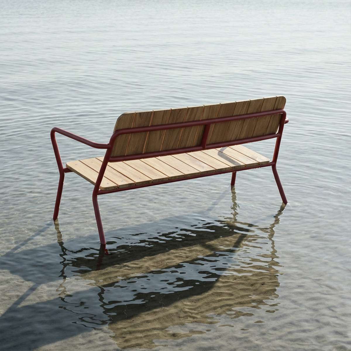 Kirra Patio Bench in chestnut with powder-coated aluminum frame and teak wood seat outdoors