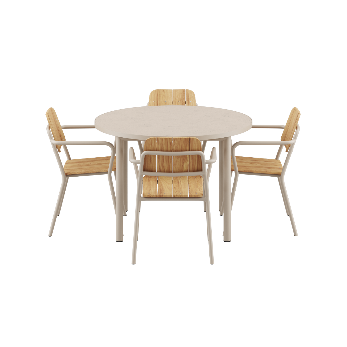 Kirra Dining Table O110 ceramic top with four taupe Kirra patio chairs arranged outdoors