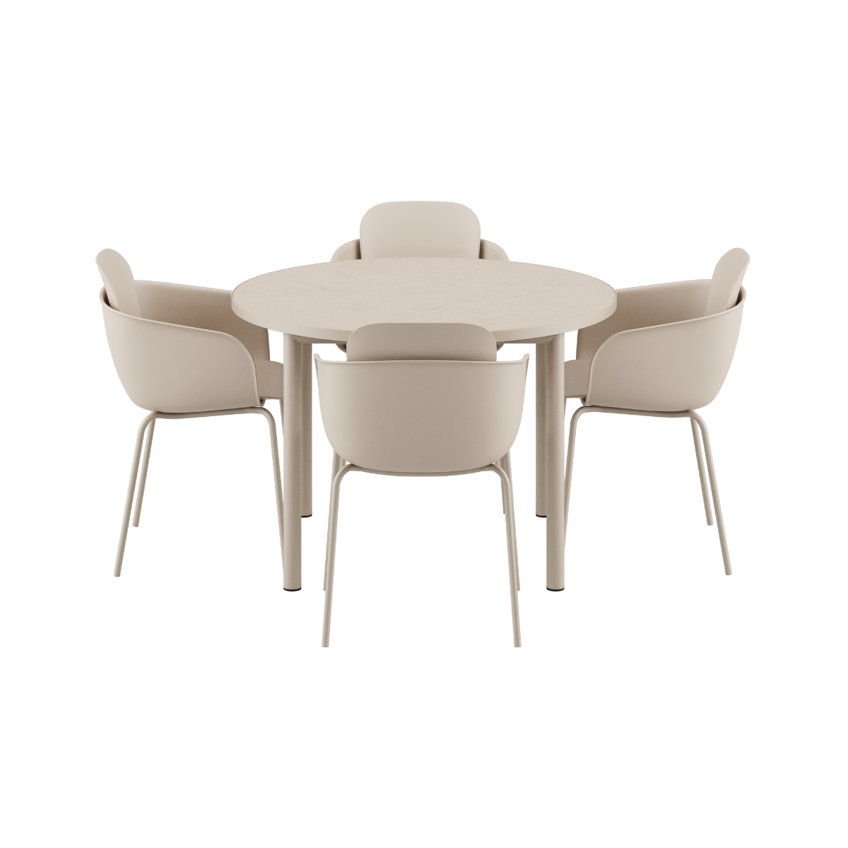 Kirra Dining Table Ø110 with ceramic top and four taupe Patio Chair No. One S2 chairs in outdoor setting