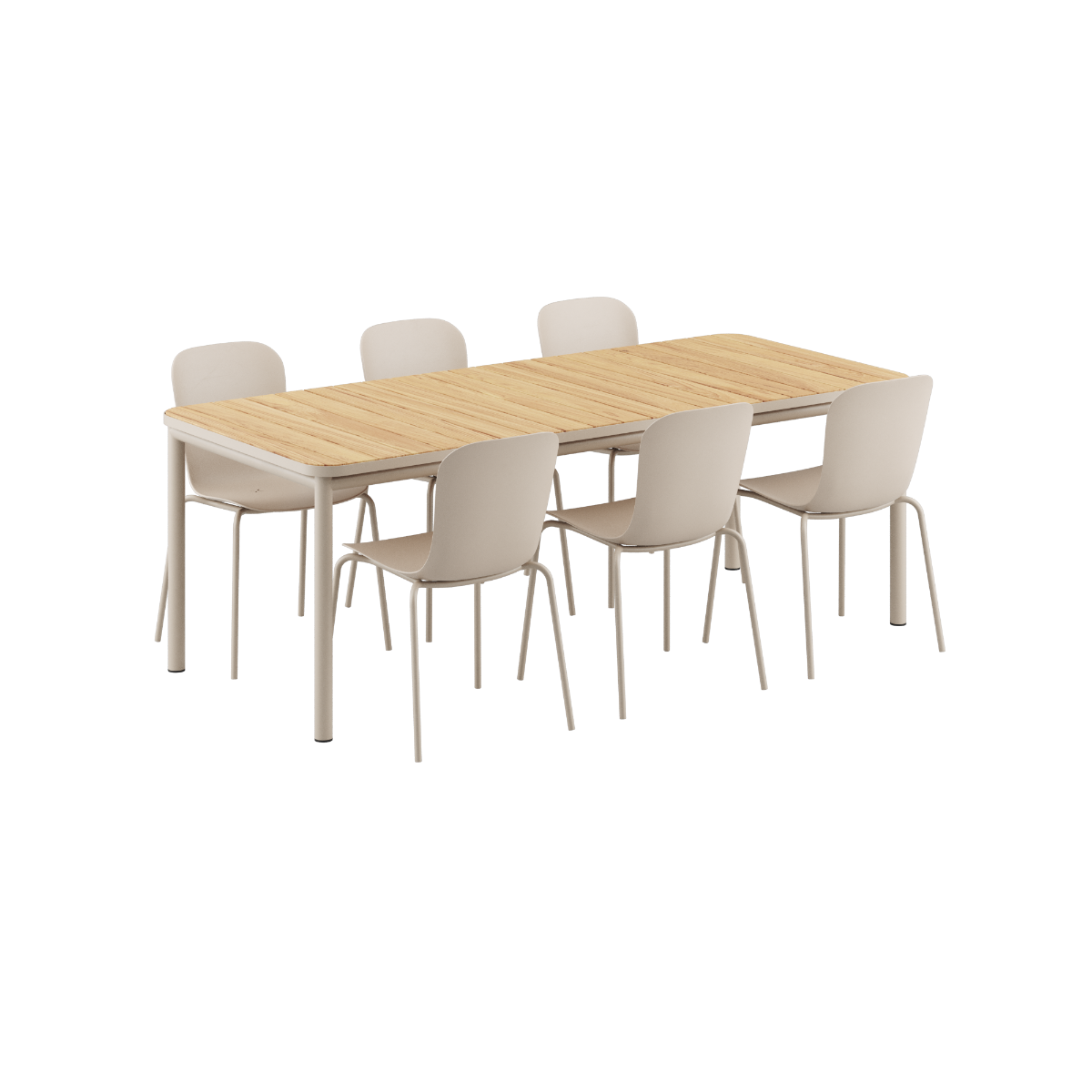 Kirra Dining Table taupe with six Patio Chair no. One S1 in matching taupe color outdoors