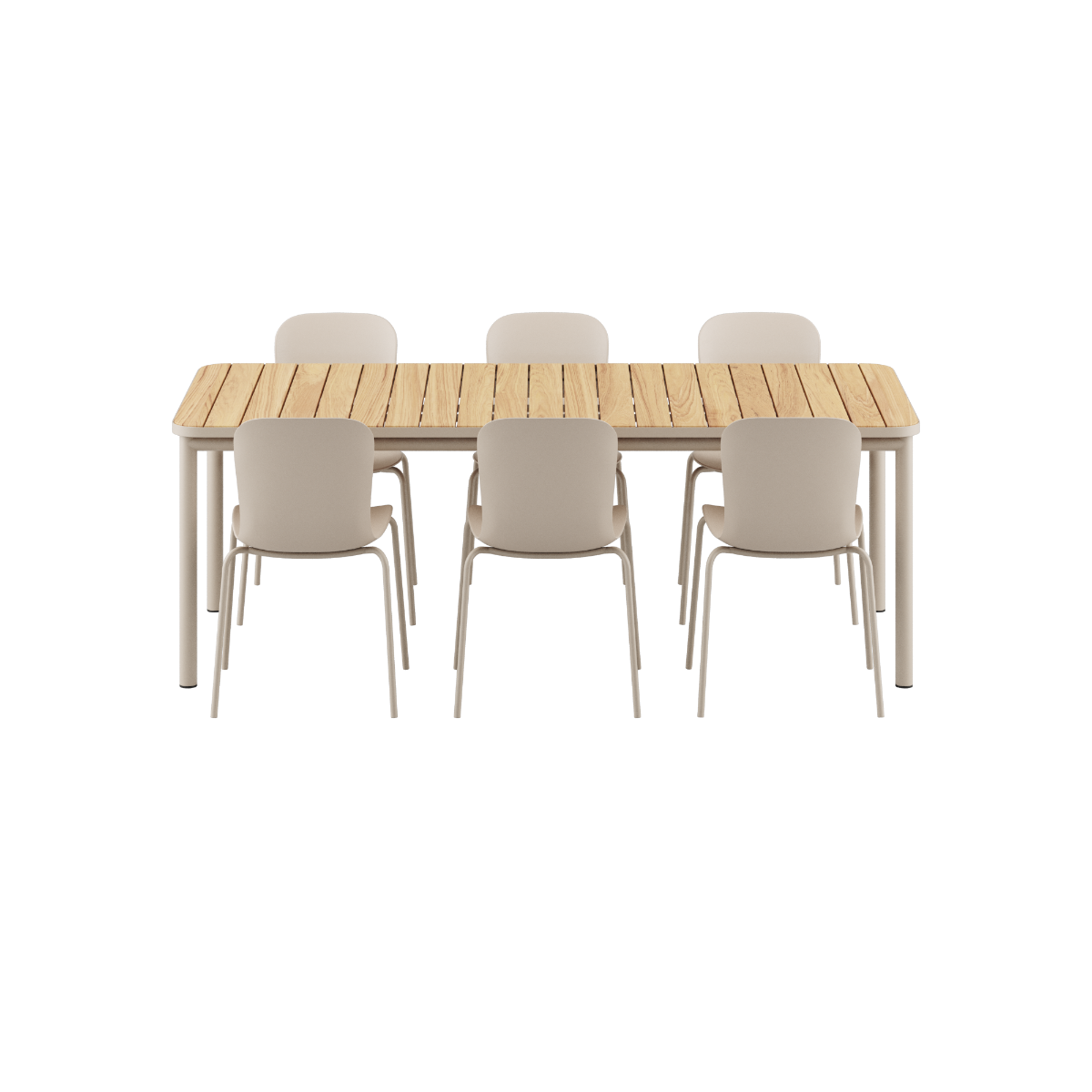 Kirra Dining Table taupe with six Patio Chair no. One S2 in matching taupe color outdoors
