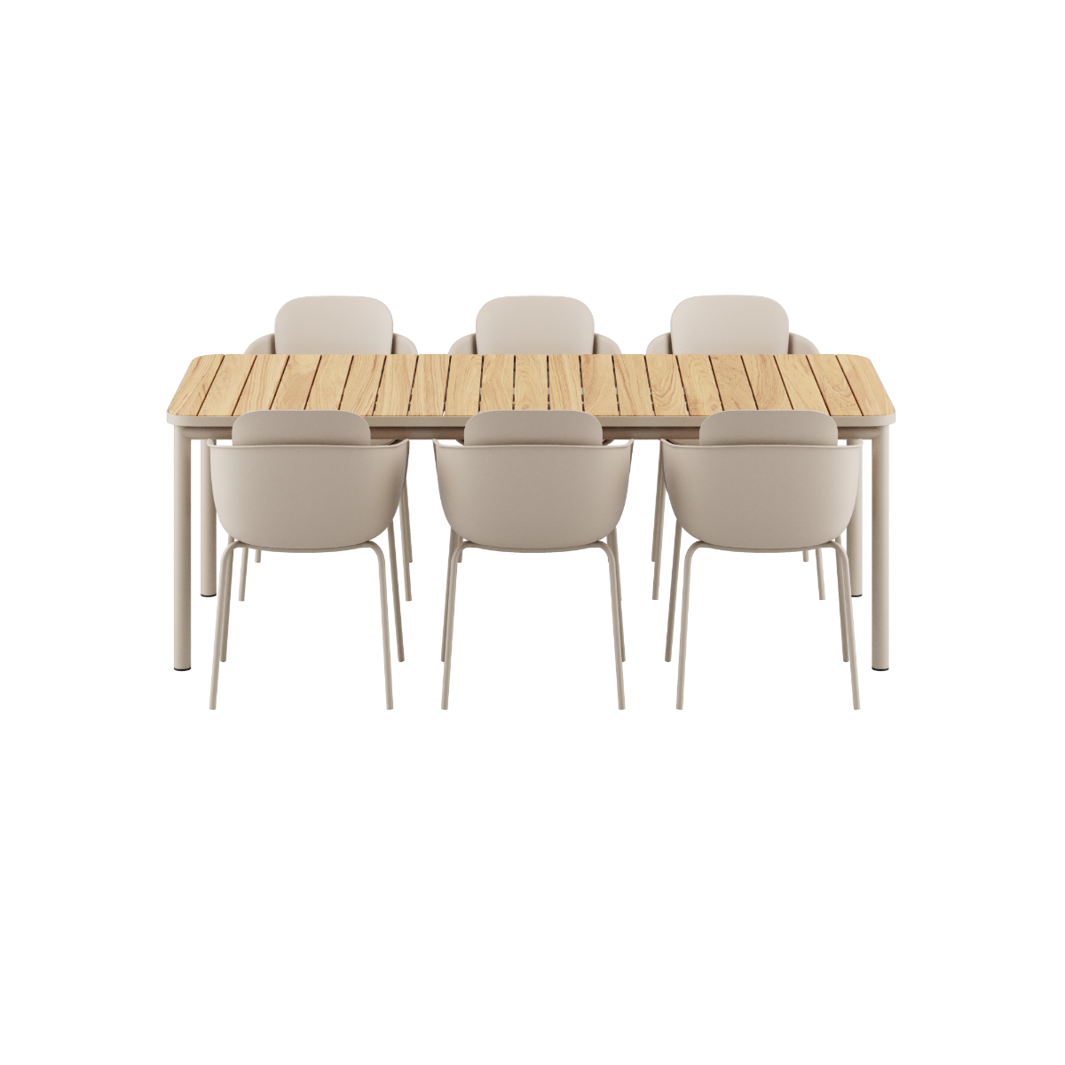 Kirra Dining Table in taupe with six Patio Chair no. One S2 chairs in matching taupe color outdoors