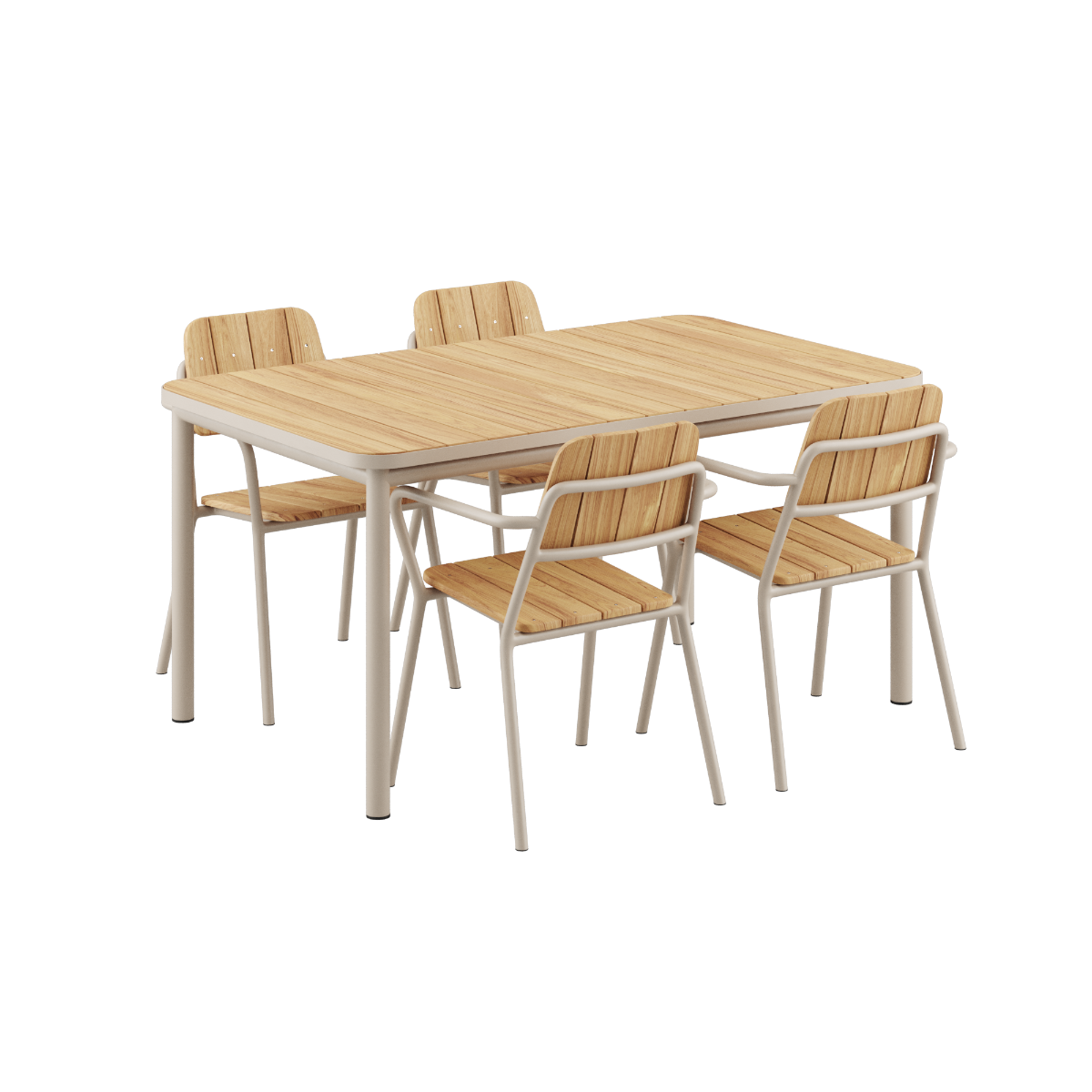 Taupe Kirra Dining Table 150x90 with four matching taupe Patio Chair no. One S2 chairs in outdoor setting