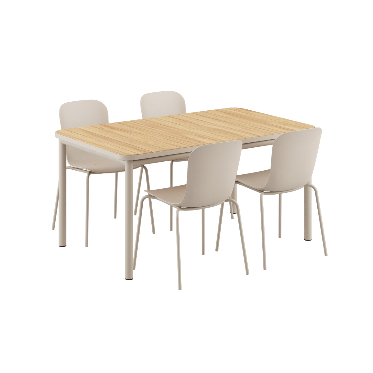 Taupe Kirra Dining Table 150x90 with four matching taupe Patio Chair no. One S2 chairs outdoors