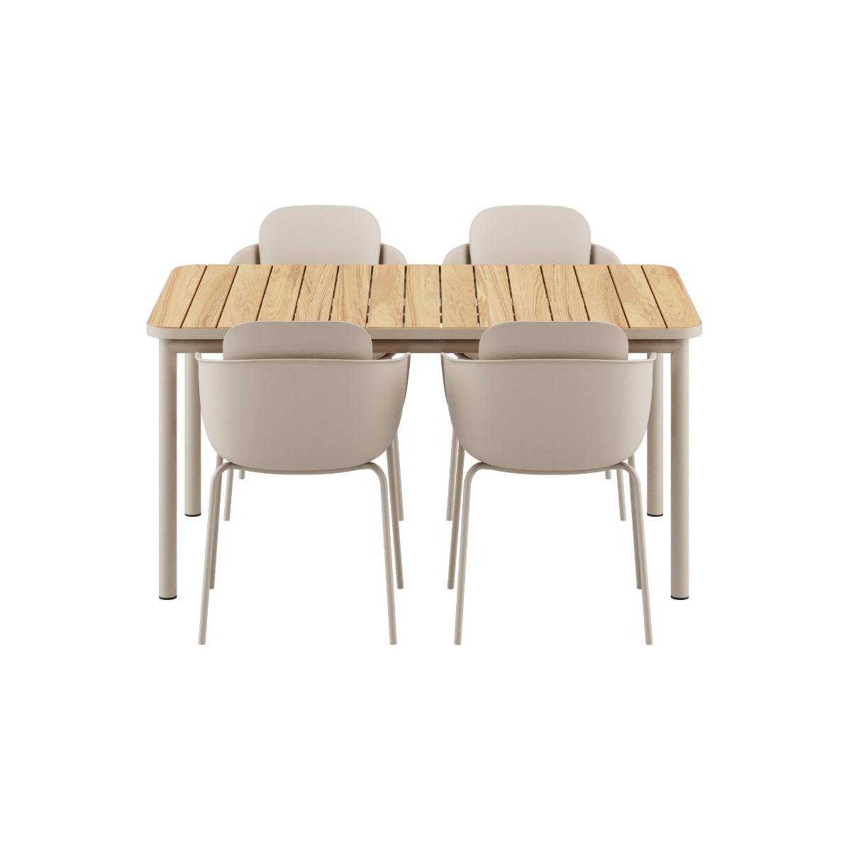 Taupe Kirra Dining Table 150x90 with four taupe Patio Chair no. One S2 chairs in outdoor setting
