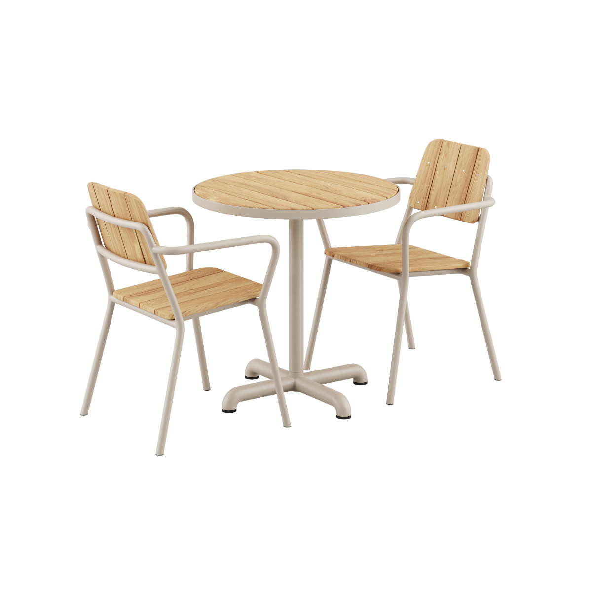 Taupe Kirra Café Table with two matching Kirra Patio Chairs made of powder-coated aluminum and teak wood.