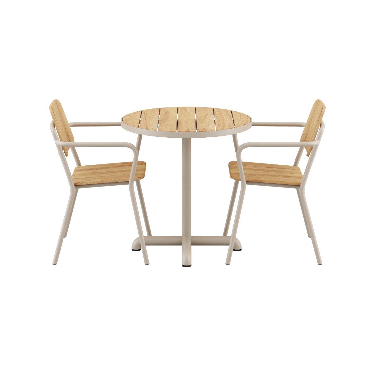 Taupe Kirra Café Table with two matching Kirra Patio Chairs made of powder-coated aluminum and teak wood.