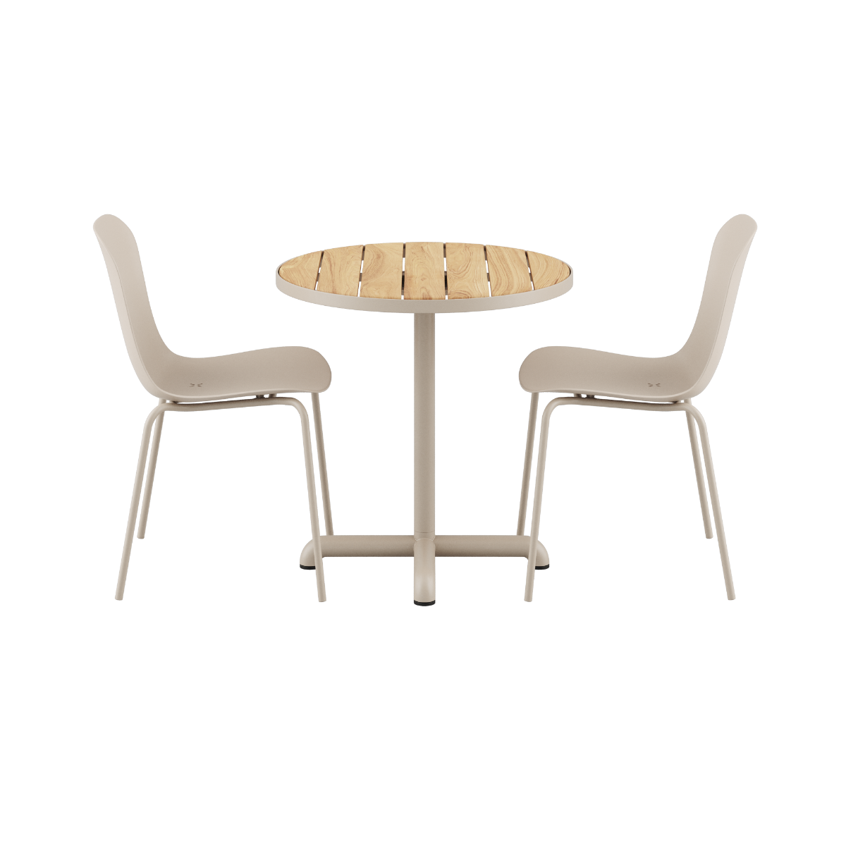 Kirra Café Table in taupe with two Patio Chair no. One S2 chairs in matching taupe color outdoors