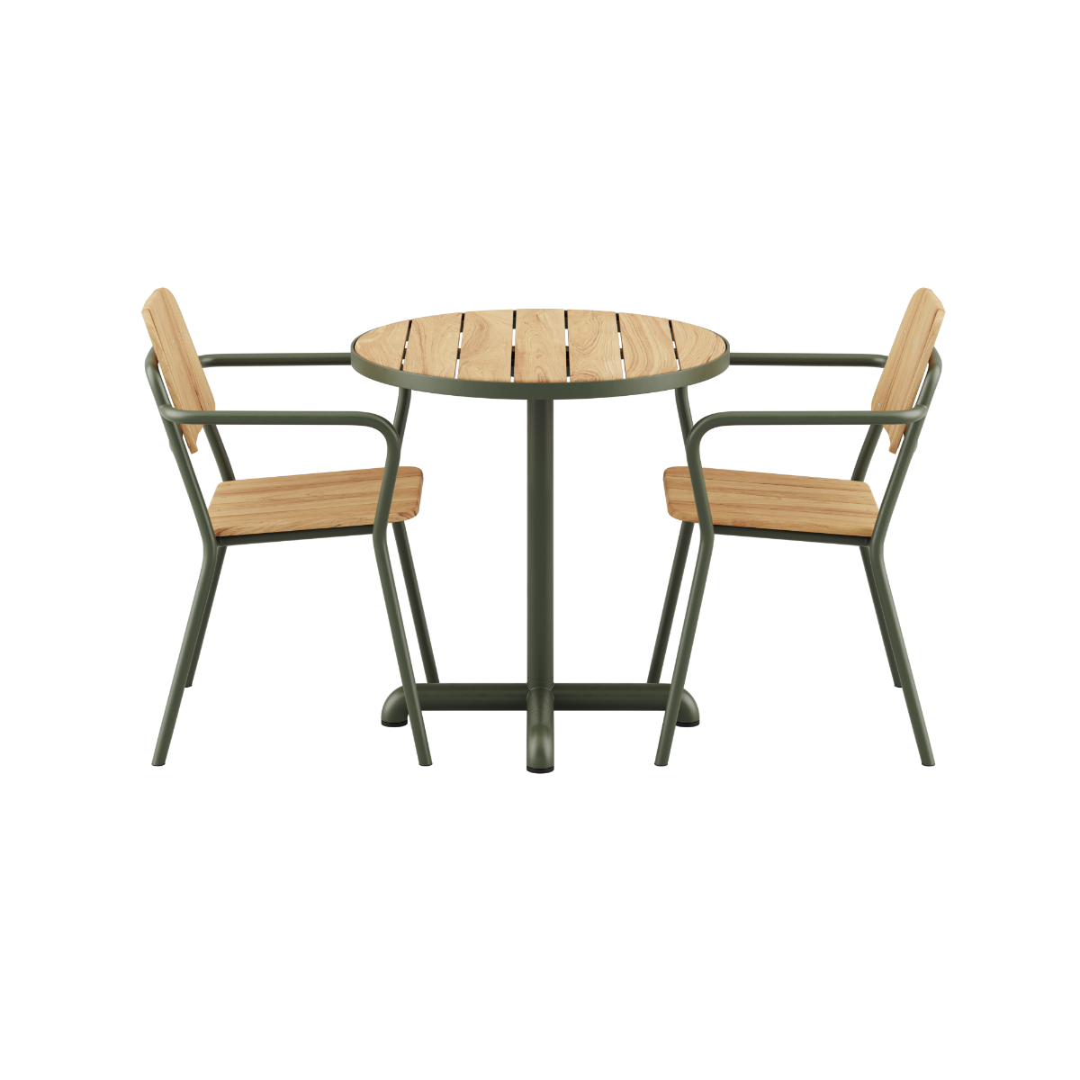 Kirra Cafe Table and 2 Kirra Patio Chairs in olive powder-coated aluminum and teak wood.