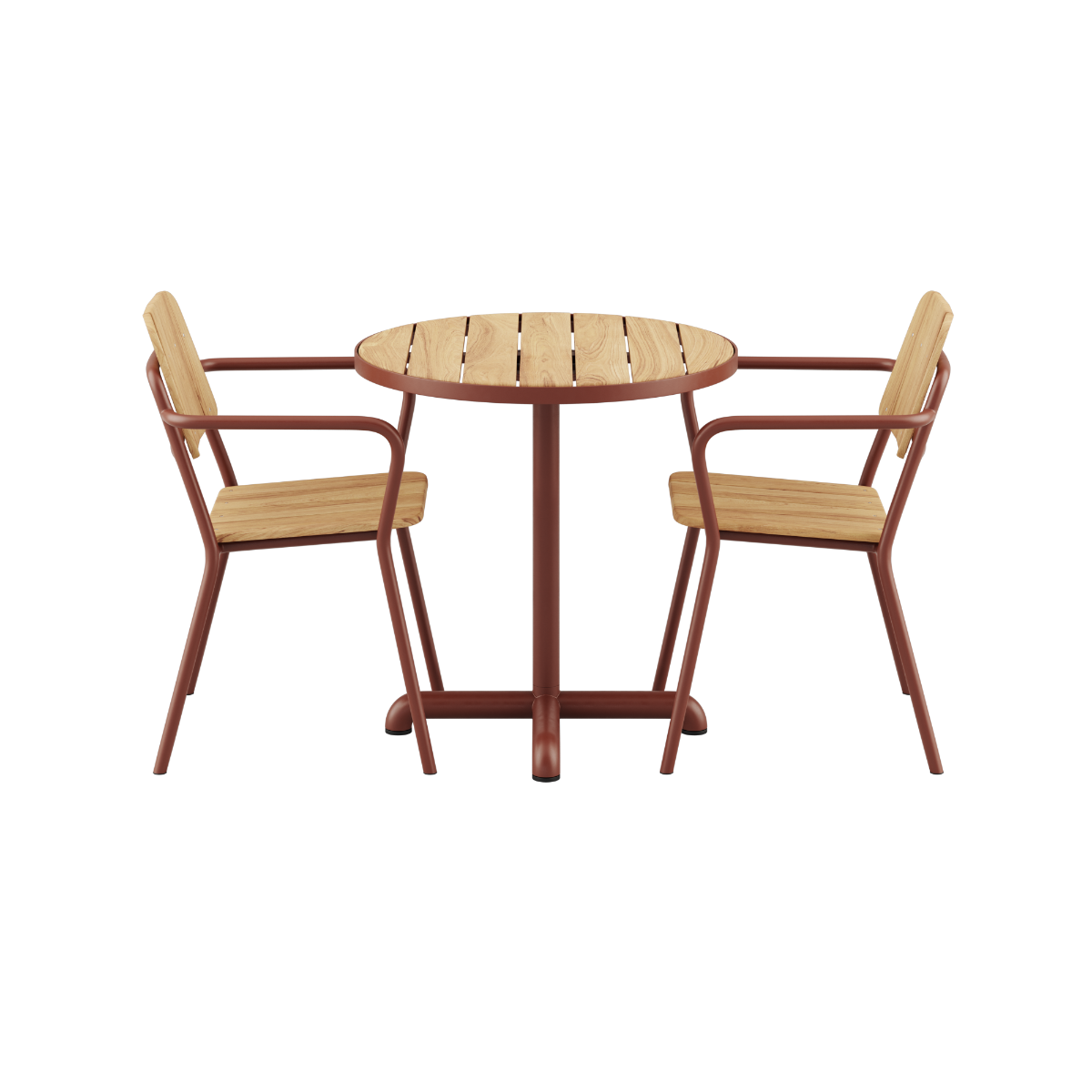 Chestnut Kirra Café Table with two Kirra Patio Chairs in matching chestnut color on white background