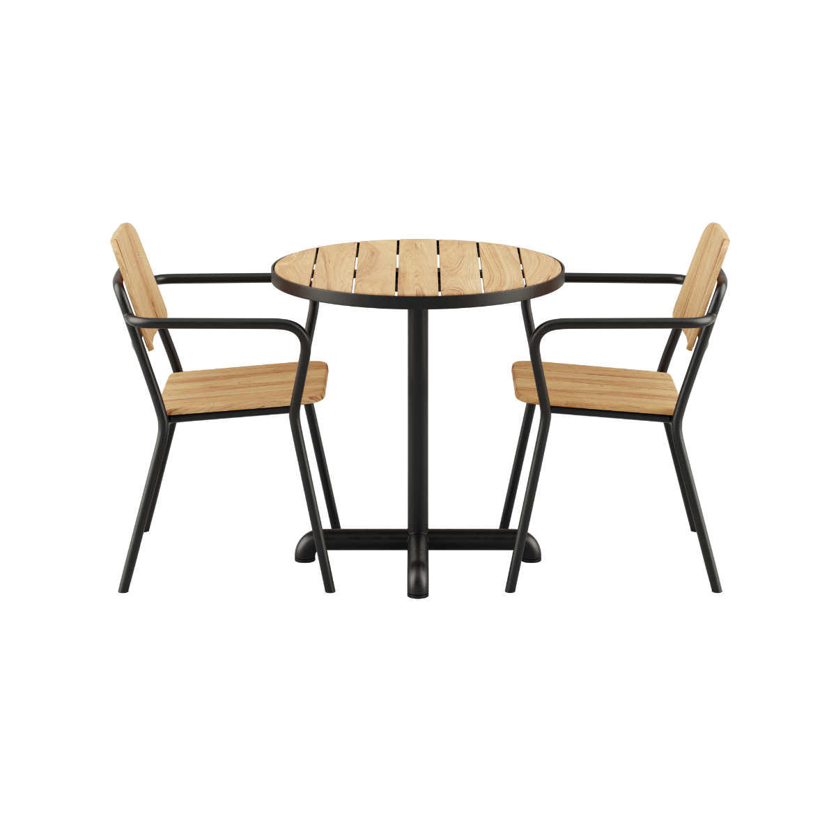 Noir Kirra Café Table with two Kirra Patio Chairs in powder-coated aluminum and teak wood.