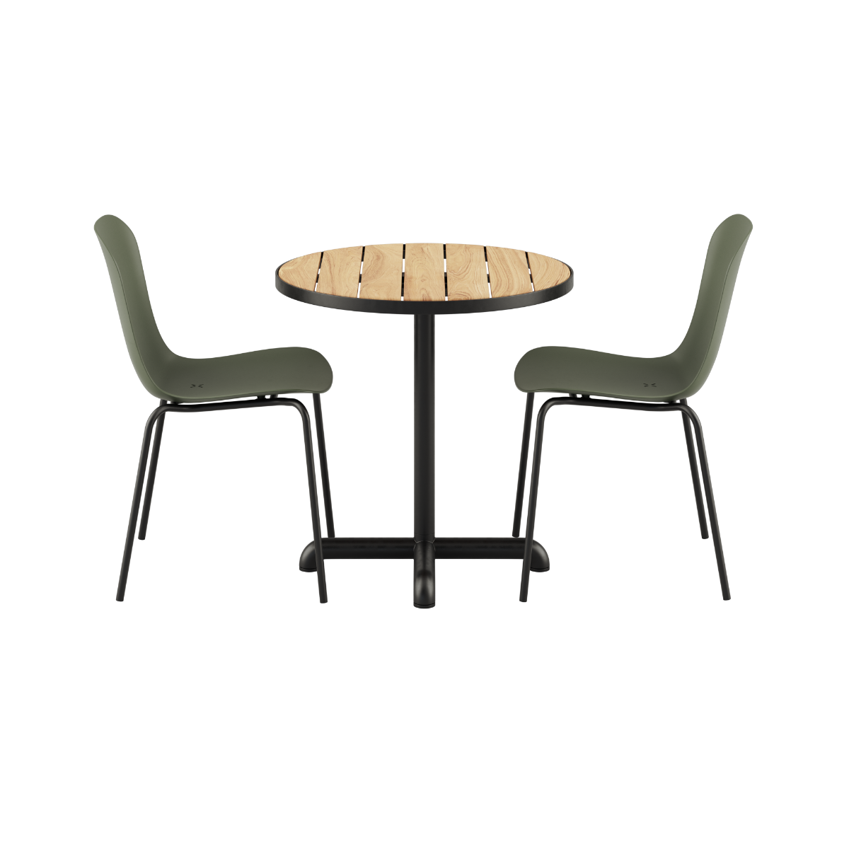 Kirra café table with round teak top and powder-coated aluminum frame paired with two olive and noir Patio Chair no. One S2 chairs