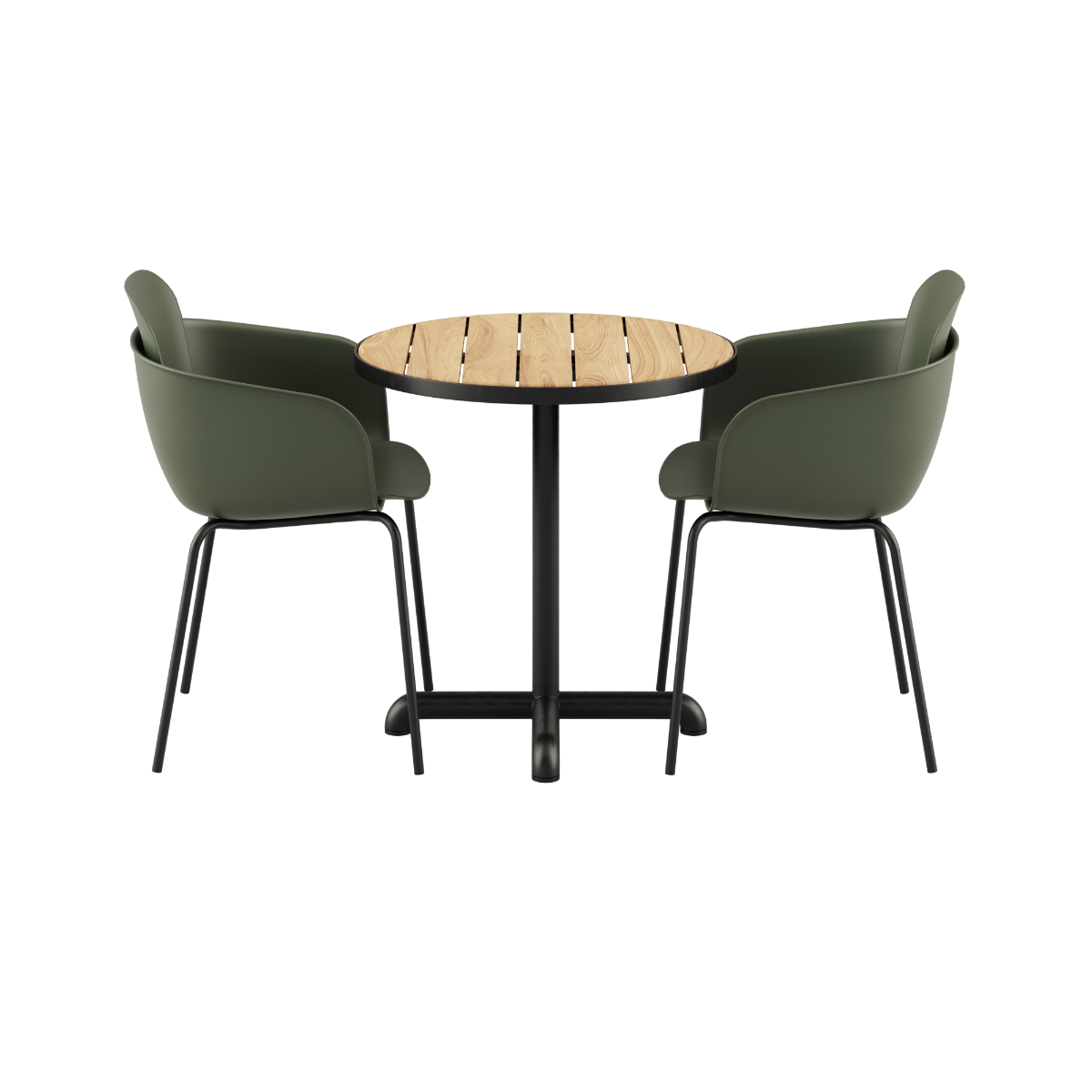 Kirra Café Table Noir with two Patio Chair no. One S2 in olive and noir colors outdoors