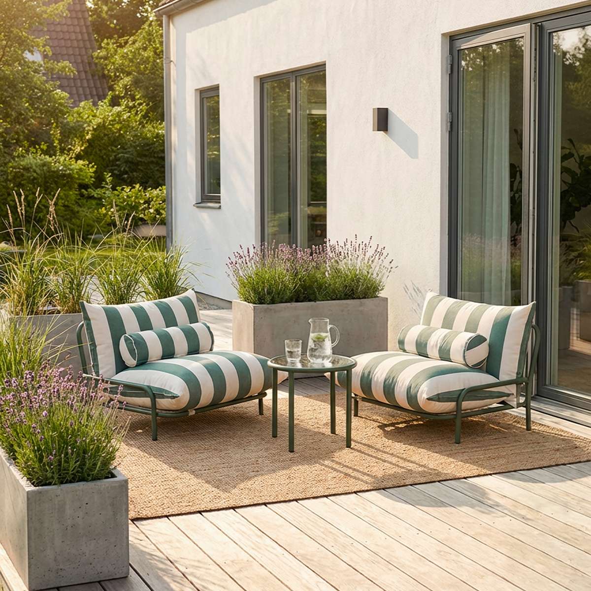 Mollis Lounge Chair in Renesse Olive with powder-coated aluminum frame and eco-certified textile outdoors.