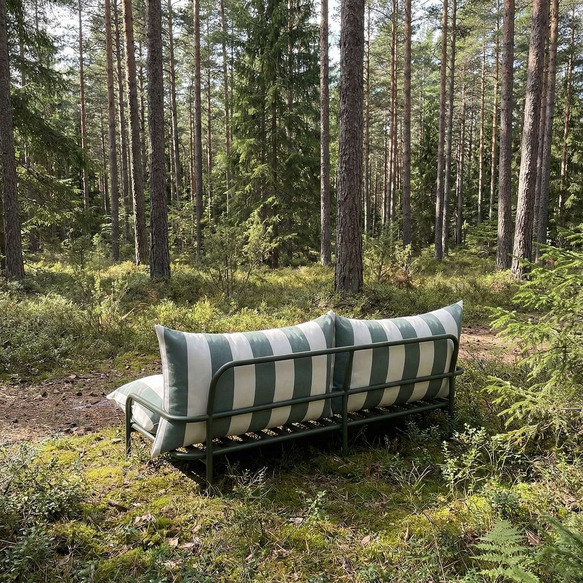 Mollis Lounge Sofa 2 Seater in Renesse Olive with powder-coated aluminum frame and eco-certified textile cushions outdoors